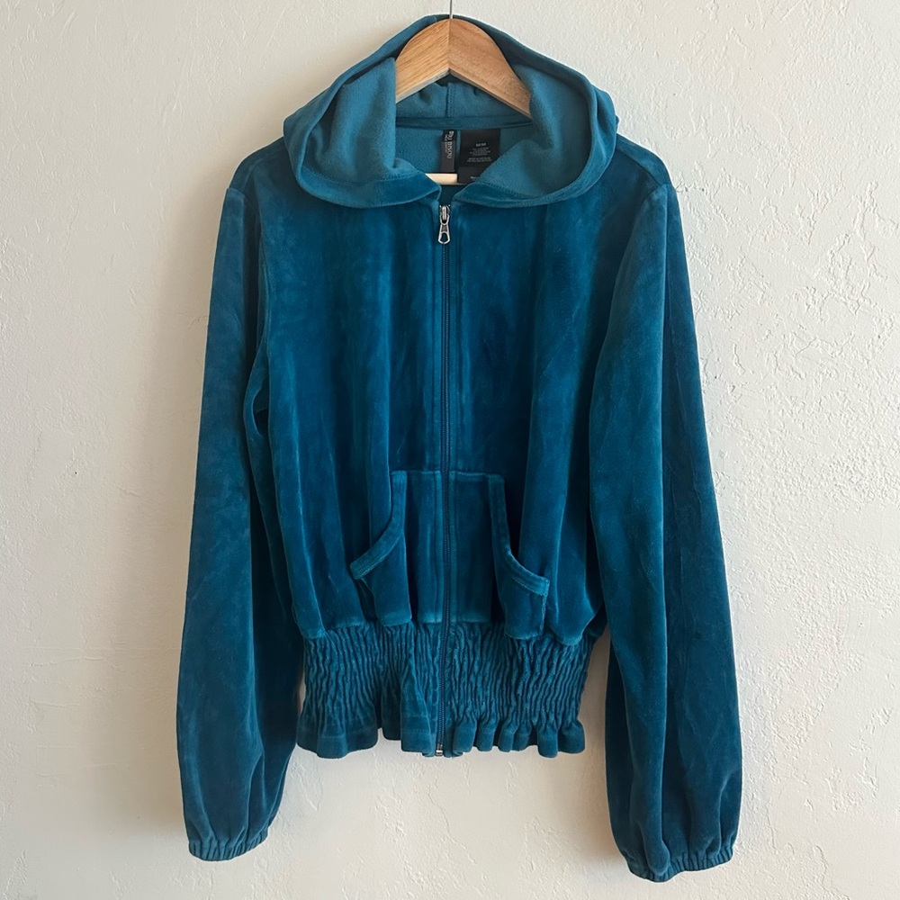 y2k BISOU BISOU Cinched Waist Teal Zip Up Hoodie